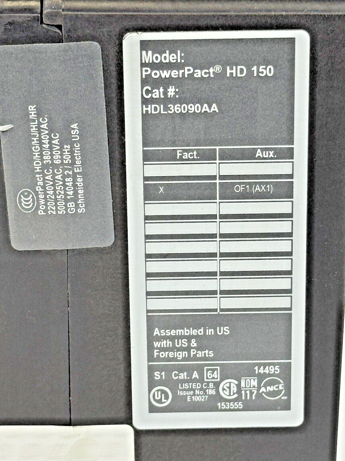 SQUARE D - HDL36090AA - POWERPACT CIRCUIT BREAKER W/ AUX - 90A/3 POLE/600VAC