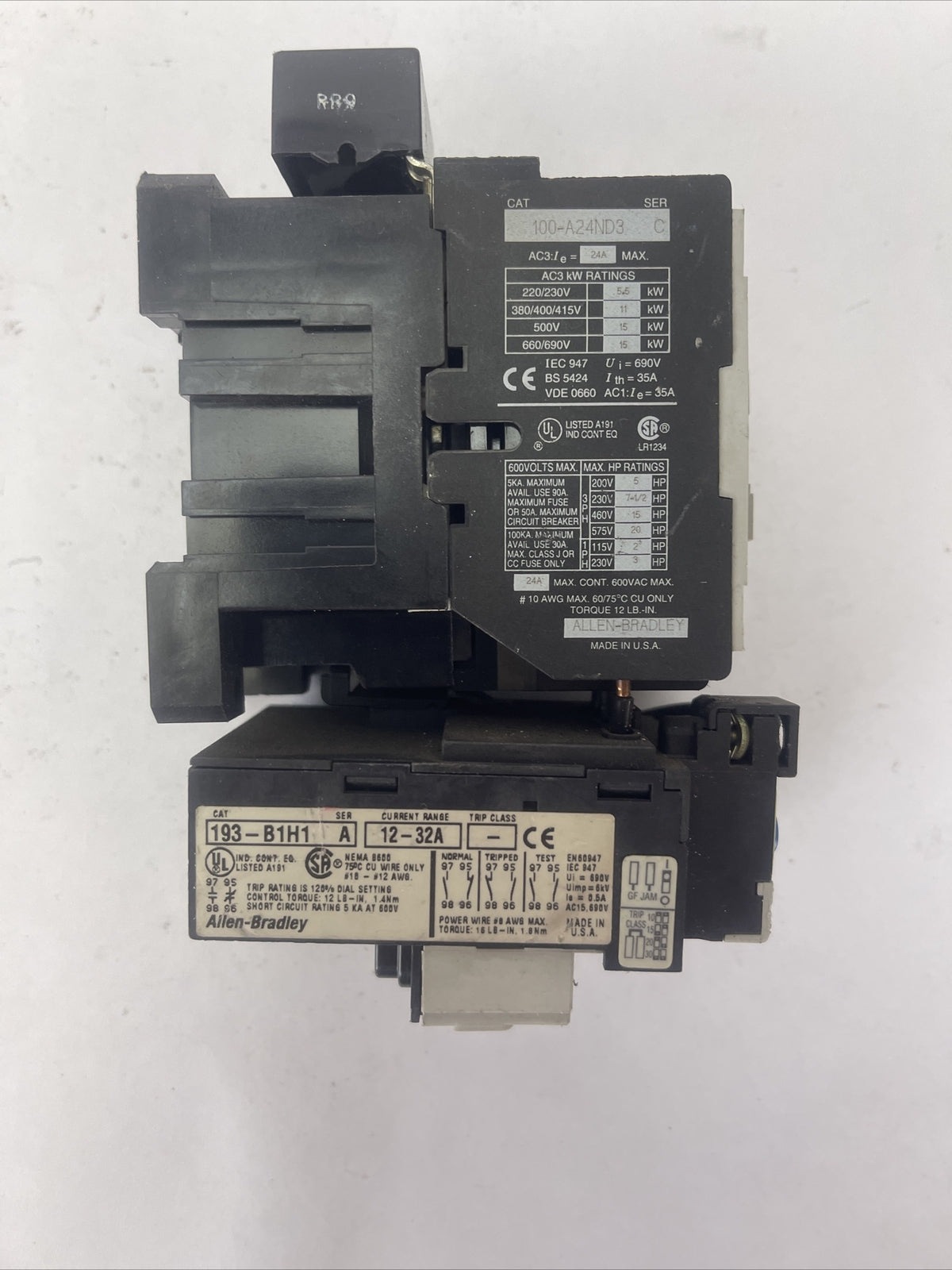 ALLEN BRADLEY STARTER 100-A24ND3 SER C CONTACTOR 600VAC 20HP 24A COIL 120V 60HZ