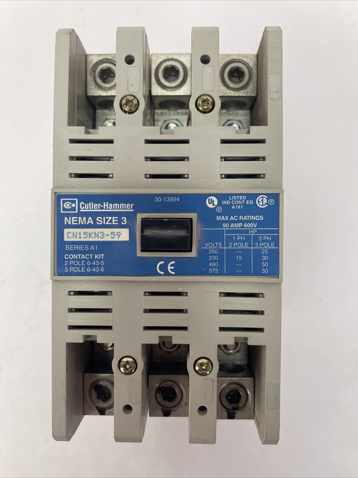 CUTLER HAMMER CN15KN3-59 SIZE 3 CONTACTOR 600VAC 90A 50HP SER A1 COIL 120V 60HZ