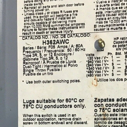 SQUARE D H362AWC 60AMP FUSIBLE SAFETY SWITCH W/ FRS-R-60 FUSES