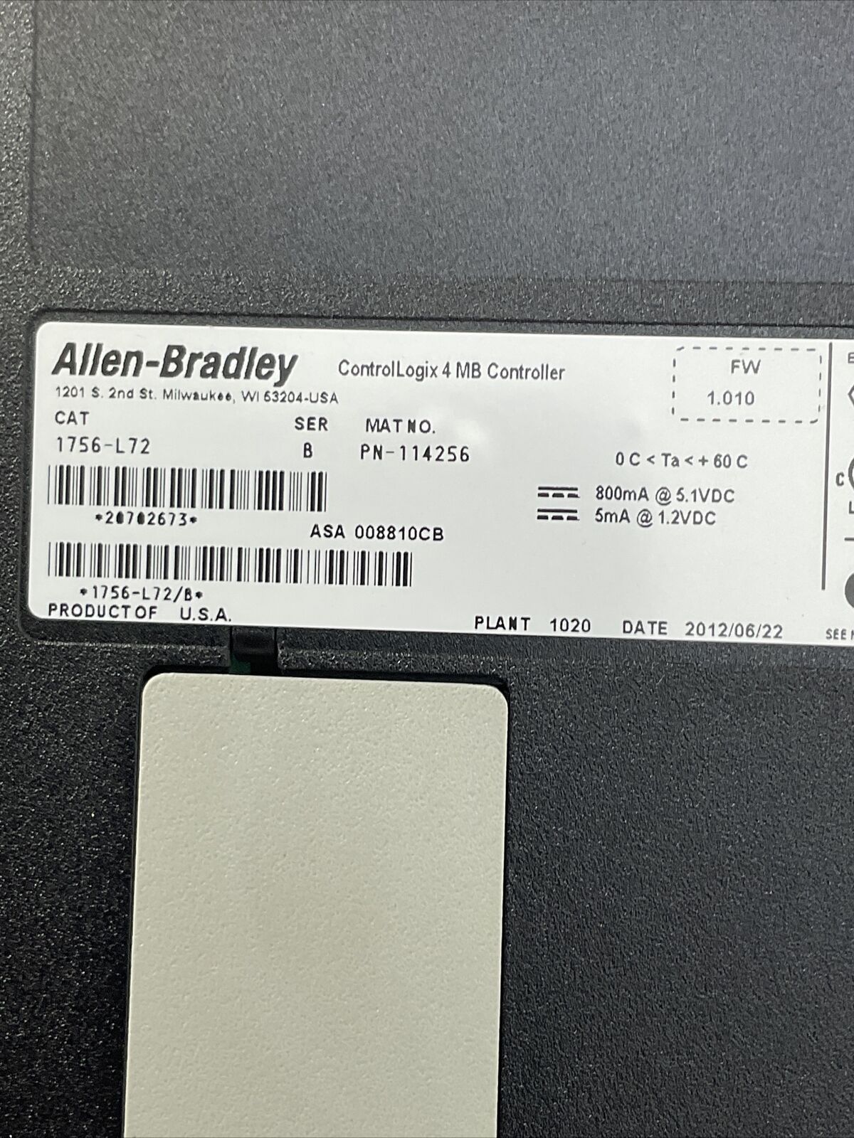 ALLEN BRADLEY 1756-L72 SER B FW 1.010 CONTROL LOGIX 4 MB CONTROLLER
