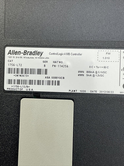 ALLEN BRADLEY 1756-L72 SER B FW 1.010 CONTROL LOGIX 4 MB CONTROLLER