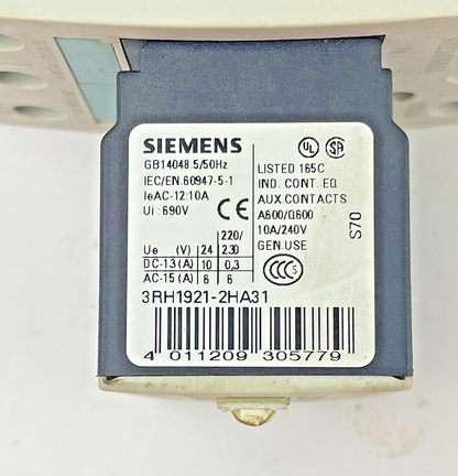 SIEMENS 3RT1036-3BB40 - CONTACTOR - W/ 3RH1921-2HA31 AUX BLOCK AND 3RT1926-1BB00