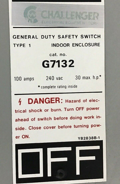 FEDERAL PACIFIC/CHALLENGER GEN DUTY SAFETY SWITCH G7132 100AMP 240VAC/250VDC
