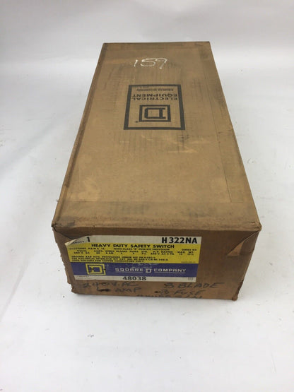 SQUARE D H322NA HEAVY DUTY SAFETY SWITCH 240 VAC 60 AMPS 4 S/N WIRES 3 FUSES