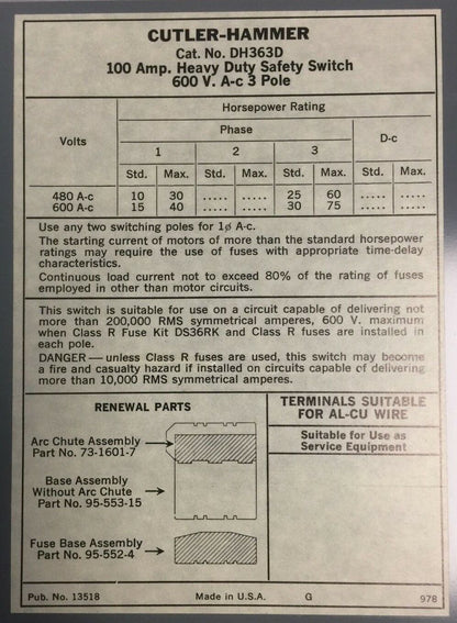 CUTLER HAMMER DH363D NON FUSIBLE SAFETY SWITCH 600VAC 100AMP 3PHASE 75HP 3POLE