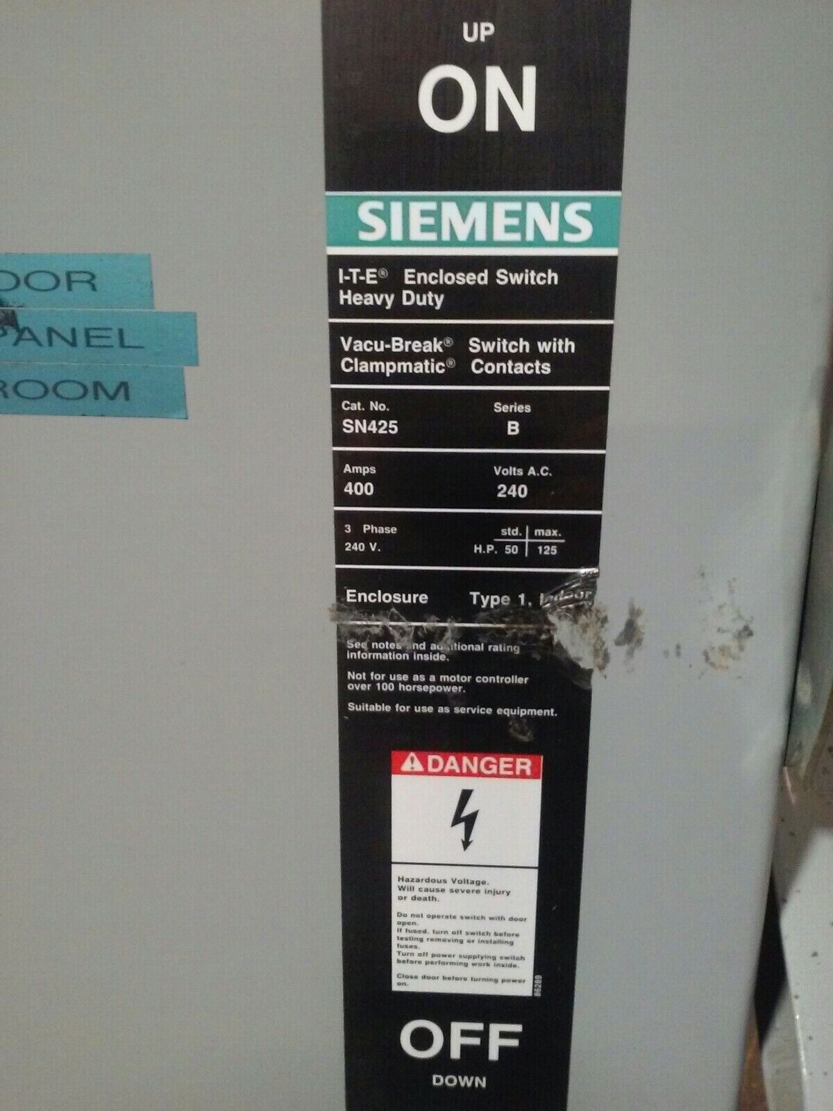 SIEMENS SN425 SER. B FUSIBLE SAFETY SWITCH 3PH 400A 240V 125HP TYPE 1 ENCLOSURE