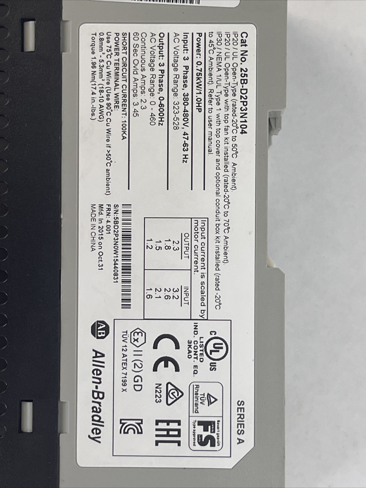 ALLEN BRADLEY 25B-D2P3N104 POWER FLEX 525 AC DRIVE FRN 4.001 SER A OUTPUT