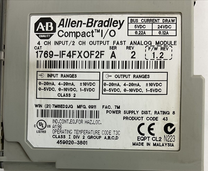 ALLEN BRADLEY 1769-IF4FXOF2F SER A REV 2 F/W REV 1.2 4CH INPUT / 2 OUTPUT FAST