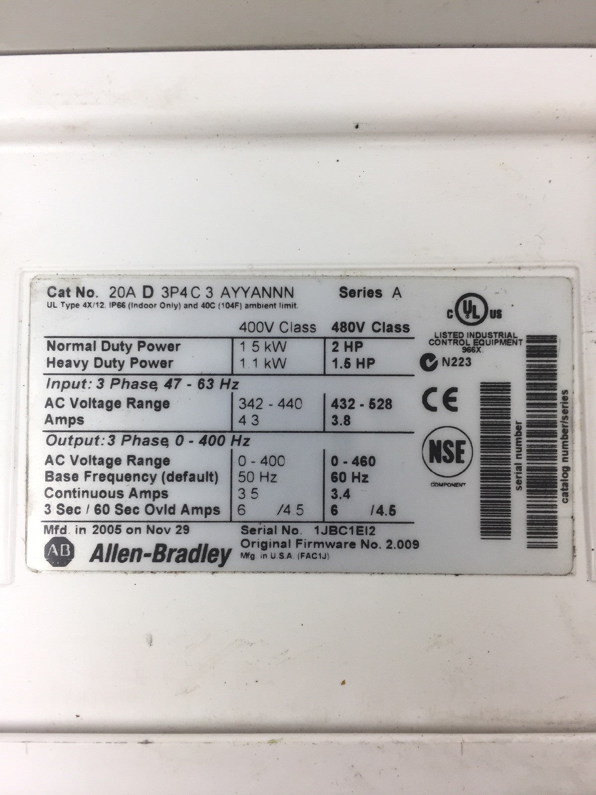 ALLEN BRADLEY POWER FLEX 70 20A D 3P4 C 3 AYYANNN SERIES A 3 PHASE 480 V