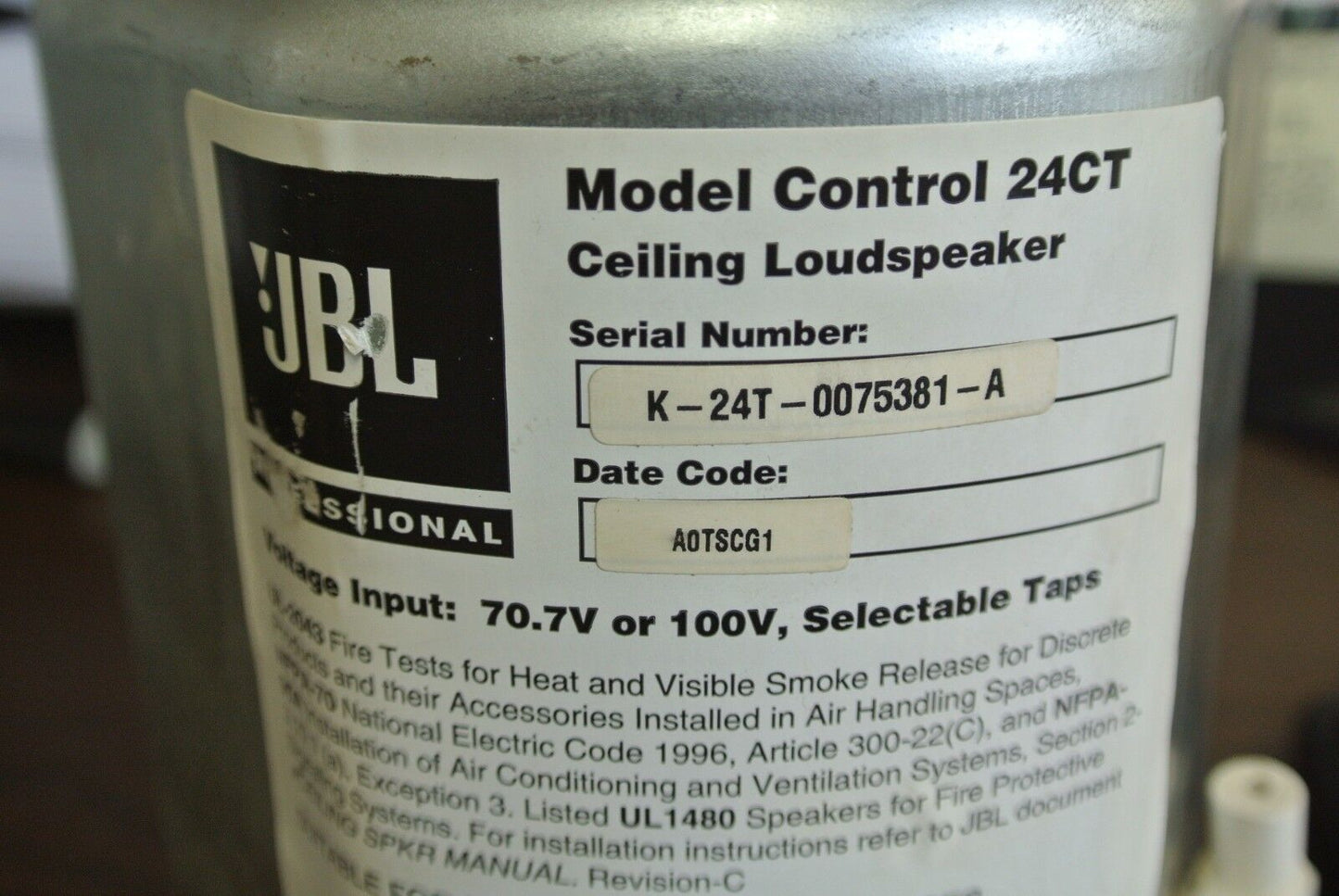 JBL - MODEL CONTROL 24CT - CEILING LOUDSPEAKER - VOLTAGE INPUT 70.7 or 100V