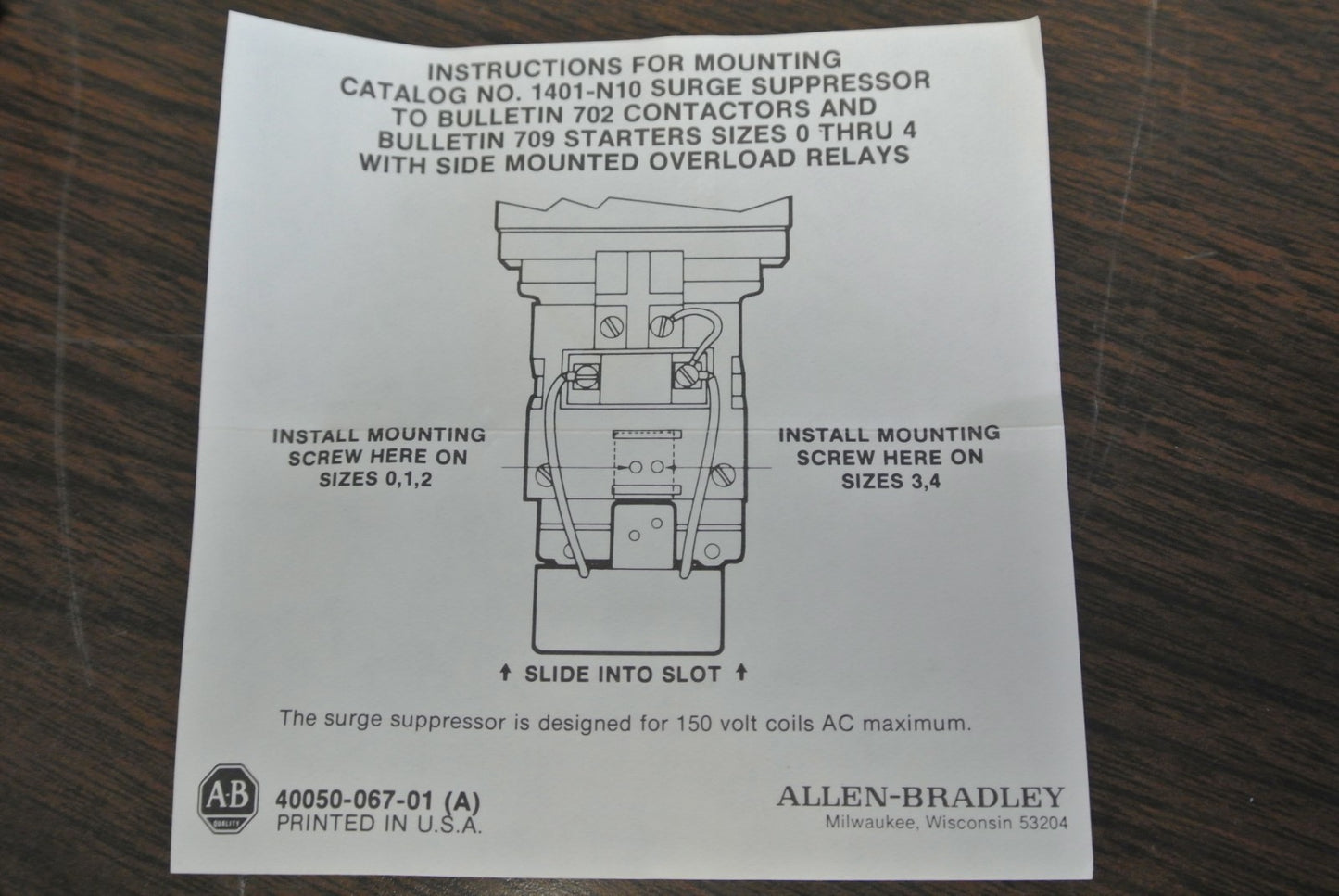 ALLEN-BRADLEY 1401-N10 Series A / SURGE SUPPRESSOR / 150VAC MAX / EACH
