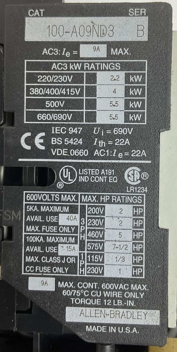 ALLEN BRADLEY 100-A09ND3 STARTER SER B 600VAC 7-1/2HP  COIL 120V 60HZ 193-BSB 80