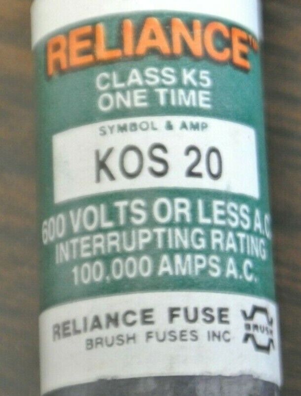 LOT of 4 / RELIANCE KOS20 CLASS K5 ONE-TIME FUSE / 20A / 600V / NEW SURPLUS