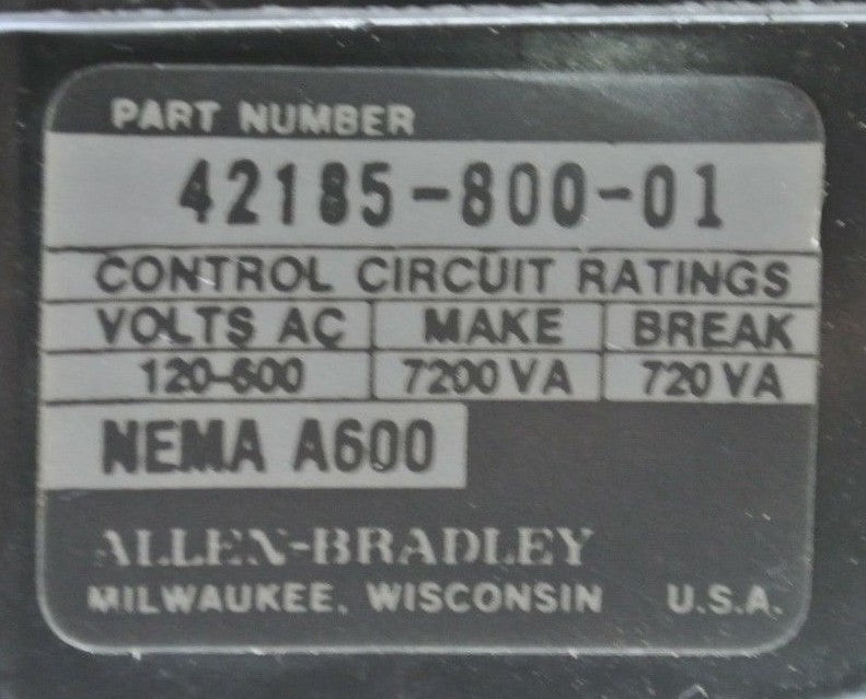 LOT of 10 / A-B 42185-800-01 OVERLOAD RELAY 120-600VAC, MAKE 7200VA, BREAK 720VA