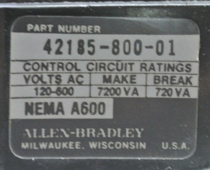 LOT of 10 / A-B 42185-800-01 OVERLOAD RELAY 120-600VAC, MAKE 7200VA, BREAK 720VA