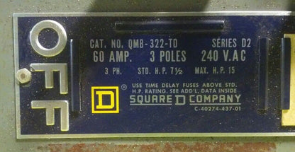 SQUARE D QMB-322-TD SERIES D2 FUSIBLE TWIN PANELBOARD SWITCH 3P 60A 240V 15HP