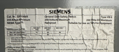 SIEMENS GF324NR TYPE VB II 200A 240VAC 3PH 60HP 240VDC 40HP TYPE 3R FUSIBLE