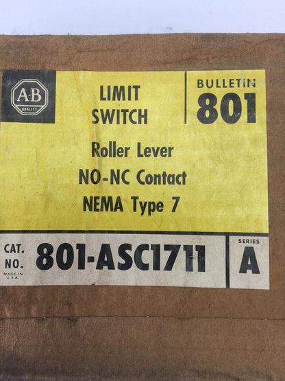 ALLEN BRADLEY 801-ASC1711 LIMIT SWITCH ROLLER LEVER 600VAC 550VDC NEMA TYPE 7-9
