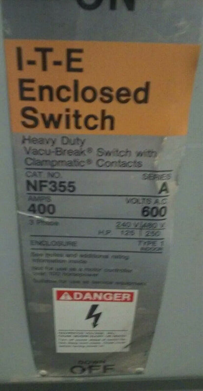 ITE NF355 SERIES A NON FUSIBLE SAFETY SWITCH 3P 400A 600VAC/250VDC 350HP TYPE 1