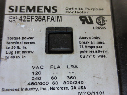 SIEMENS 42EF35AFAIM DEFINITE PURPOSE CONTACTOR 75A/POLE 120V COILS 600VAC