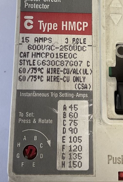 CUTLER HAMMER HMCP015E0C CIRCUIT BREAKER 15A 3POLE 600VAC-250VDC