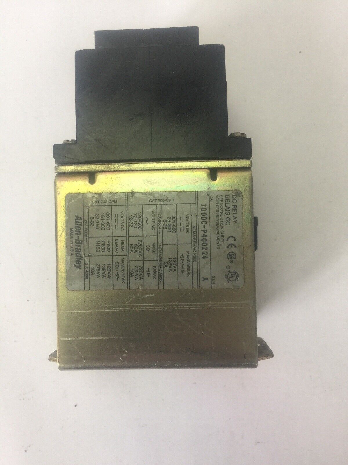 ALLEN BRADLEY 700DC-P400Z24 DC RELAY SER A 600V PD714 COIL 24VDC BULLETIN 700DC