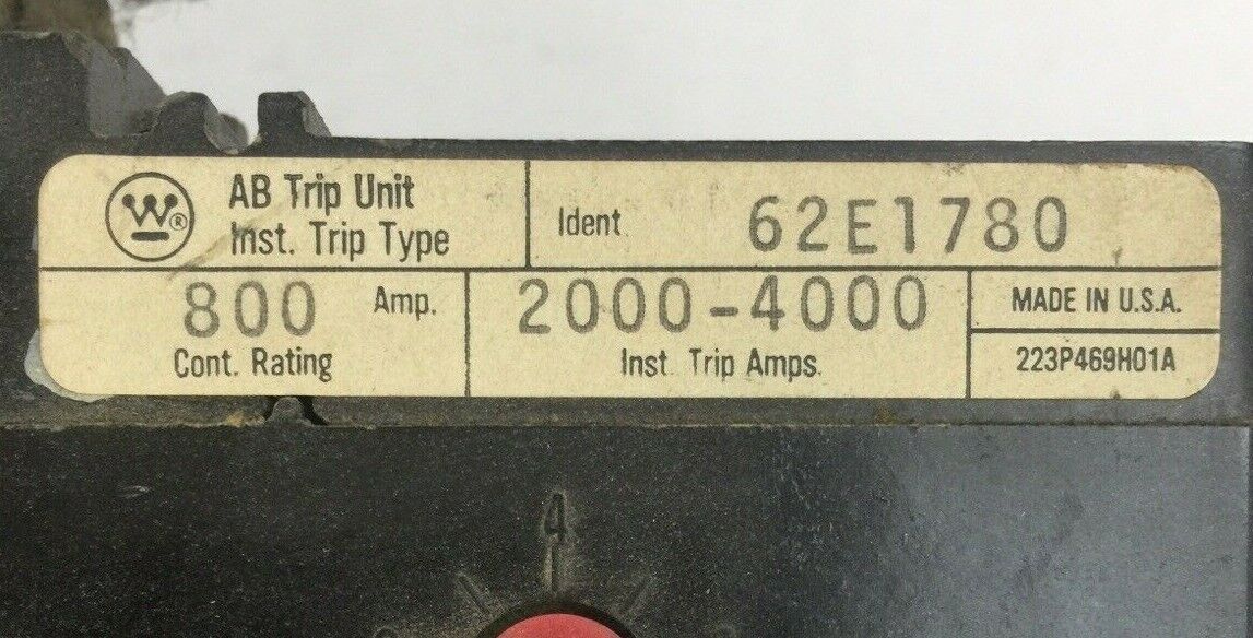 WESTINGHOUSE 62E1780 AB TRIP UNIT 3POLE 800AMP 2000-4000 INST TRIP AMPS