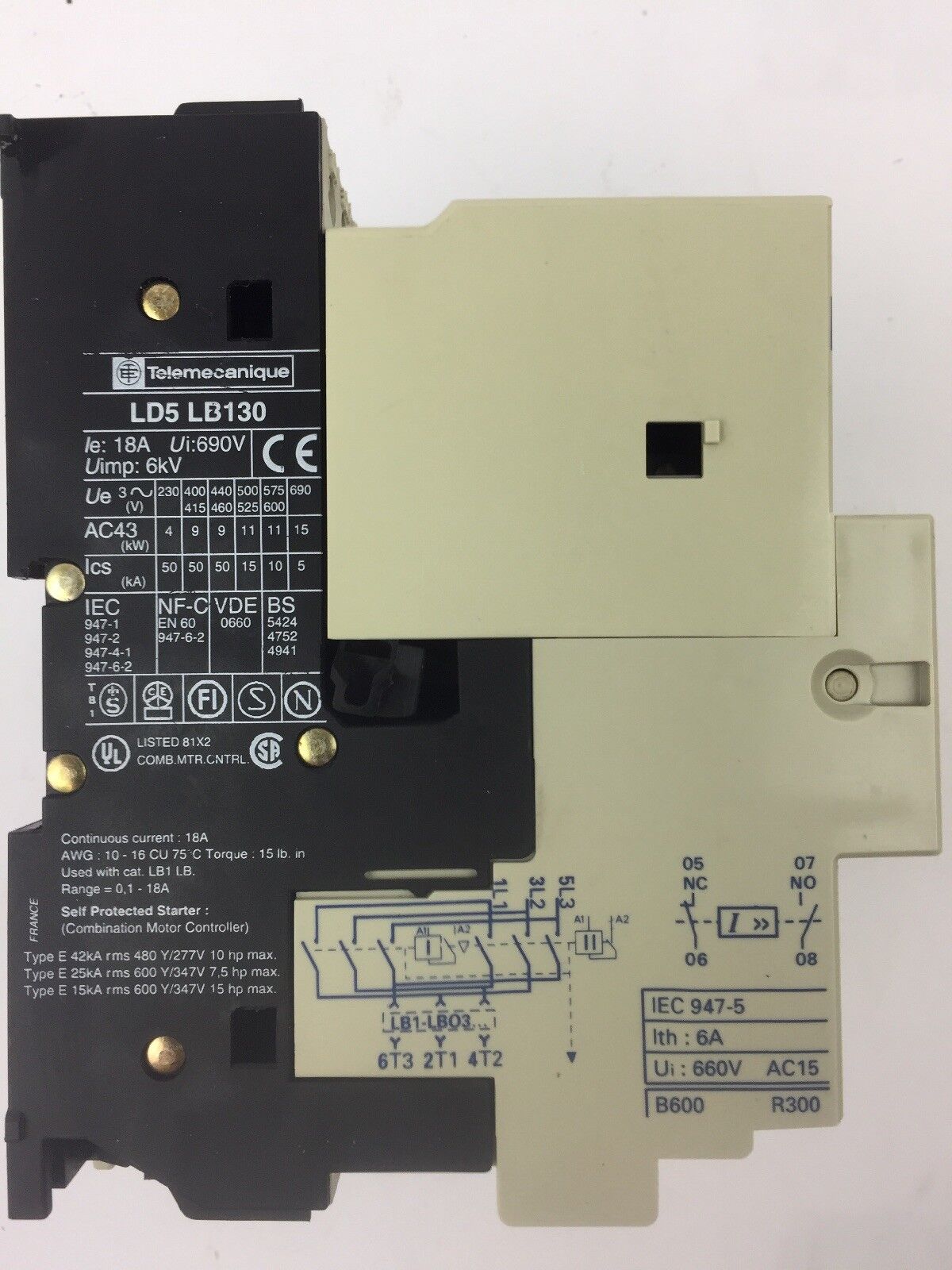 TELEMECANIQUE LD5LB130 REVERSING STARTER WITH LA1-LB015