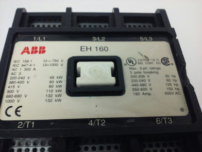 ABB EH160 CONTACTOR, 3PH, 3P BREAKING, 600V, 50-150H.P., 190A, CHIP PLASTIC
