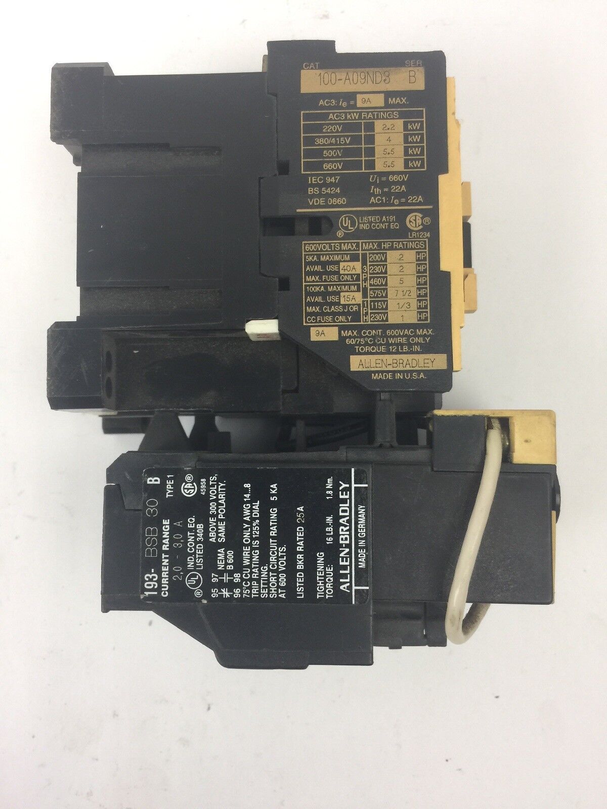 ALLEN BRADLEY 100-A09ND3 CONTACTOR SER B 600VAC 9A W/ 193-BSB30 RELAY 2-3A
