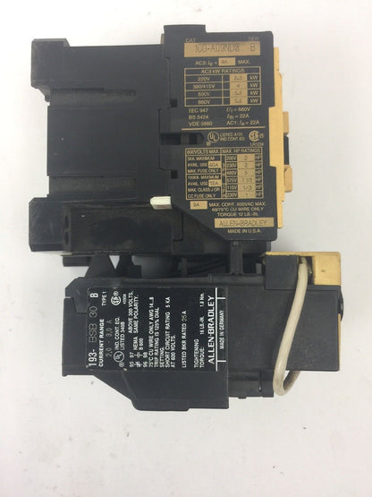 ALLEN BRADLEY 100-A09ND3 CONTACTOR SER B 600VAC 9A W/ 193-BSB30 RELAY 2-3A