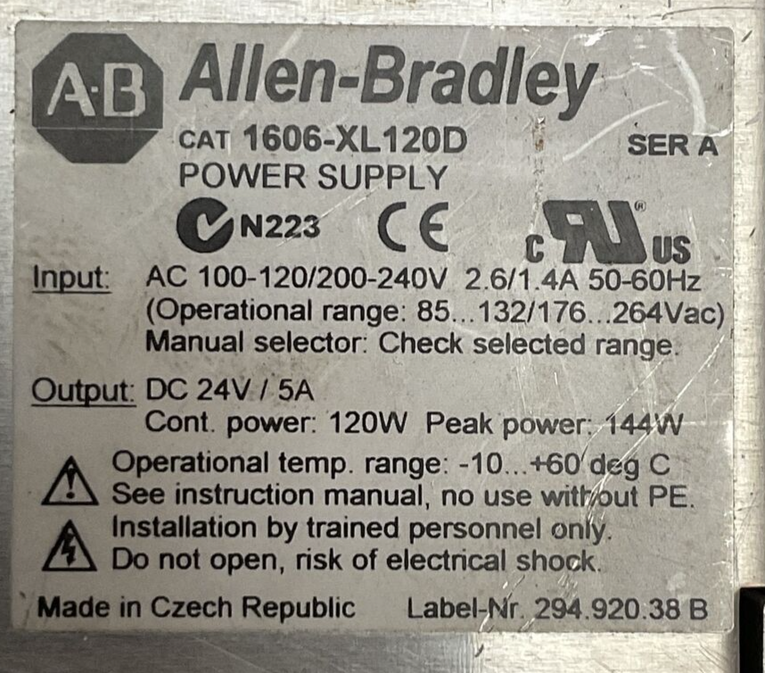 ALLEN BRADLEY 1606-XL120D POWER SUPPLY SER A OUTPUT 24VDC 5A INPUT 100-120/200-