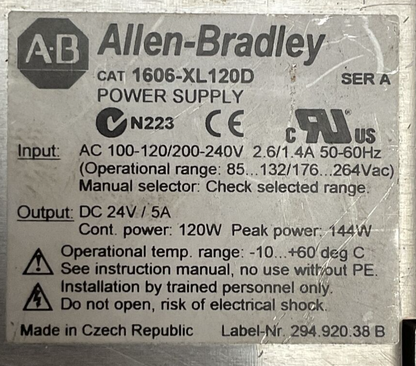 ALLEN BRADLEY 1606-XL120D POWER SUPPLY SER A OUTPUT 24VDC 5A INPUT 100-120/200-
