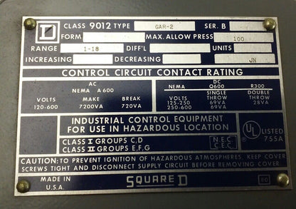 Square D PRESSURE SWITCH 9012GAR2 - Class 9012, Type GAR-2, Ser. B, Range 1-18