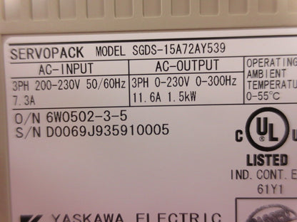 YASKAWA SGDS-15A72AY539 AC SERVOPACK OUTPUT: 230VAC, 0-300Hz 11.6A NEW SURPLUS