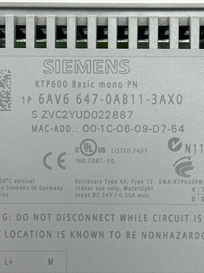 SIEMENS 1P 6AV6 647-0AB11-3AX0 OPERATOR INTERFACE SIMATIC PANEL TOUCH 24VDC