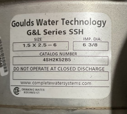 GOULDS WATER TECH G&L SERIES SSH 4SH2K52B5 JMM3709T 7.5HP 208-230/460V 3450RPM