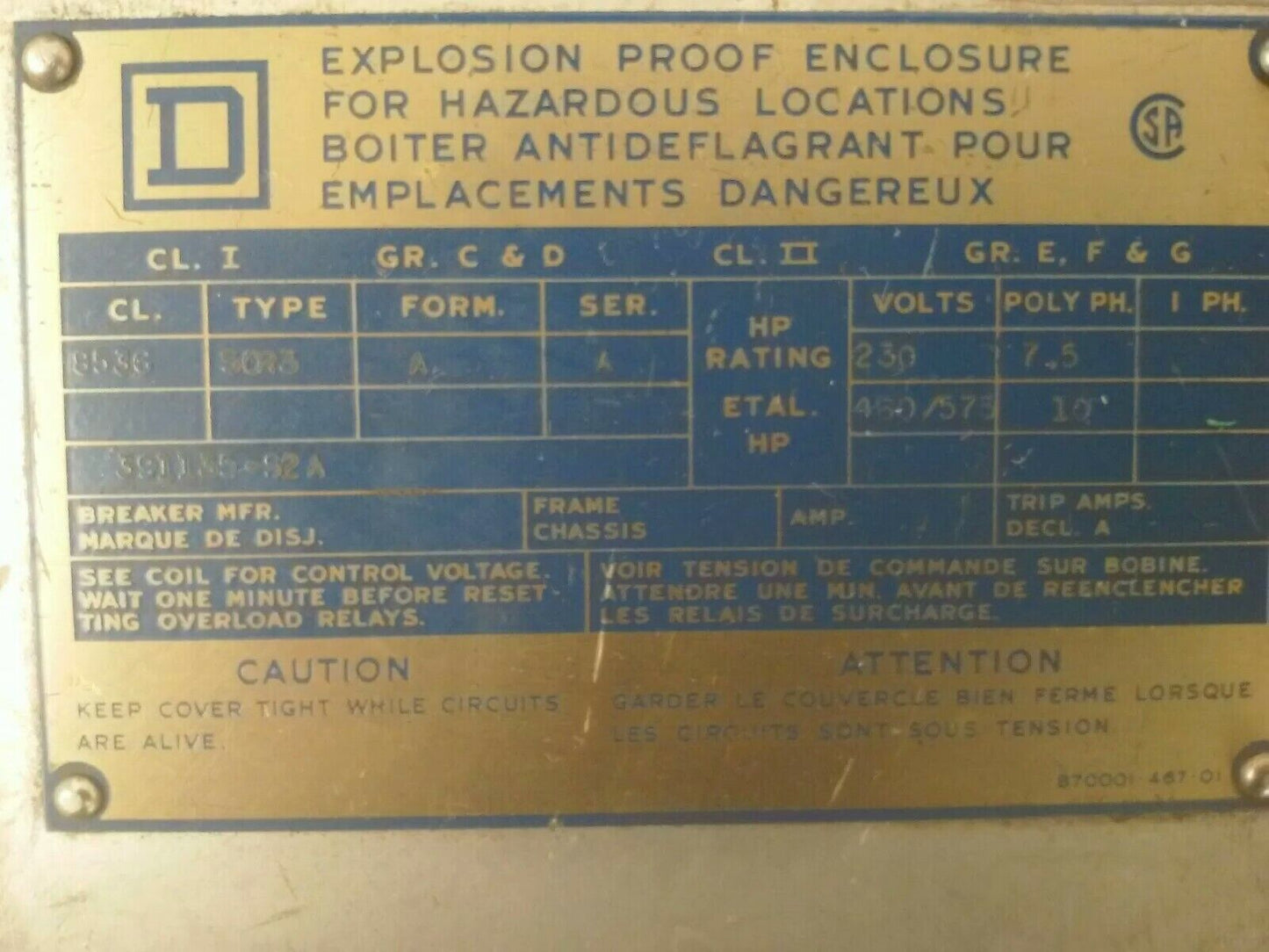 SQUARE D CLASS 8536 TYPE SCR3 8536-SCR3 EXPLOSION PROOF ENCLOSURE FORM A SER. A