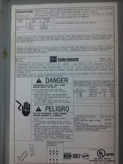 CUTLER-HAMMER DG321UGB, SER. B, SAFETY SWITCH, 30A, 240V, 3P, 60HZ, TYPE 1, USED