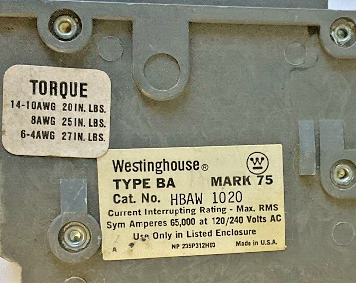 WESTINGHOUSE HBAW 1020 CIRCUIT BREAKER 1POLE 20A 120/240VAC HBAW1020