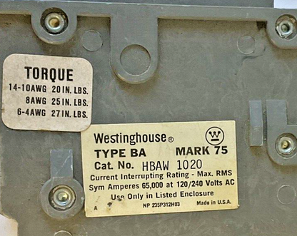 WESTINGHOUSE HBAW 1020 CIRCUIT BREAKER 1POLE 20A 120/240VAC HBAW1020