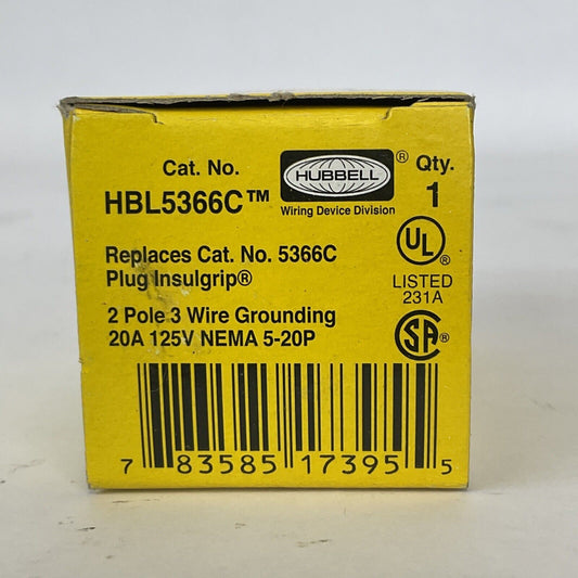 HUBBELL HBL5366C PLUG INSULGRIP 2 POLE 3 WIRE GROUNDING 20A 125V NEMA 5-20P