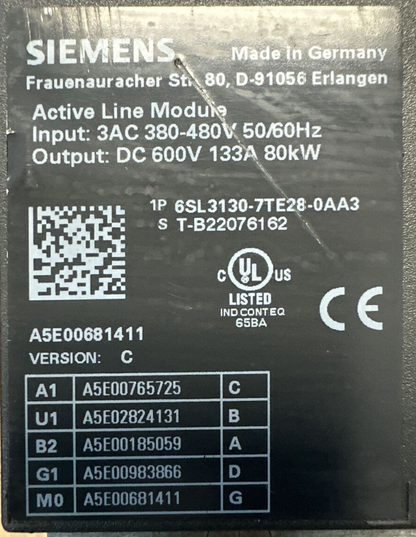 SIEMENS 6SL3130-7TE28-0AA3 ACTIVE LINE MODULE VERSION C OUTPUT 600VDC 133A 80kW