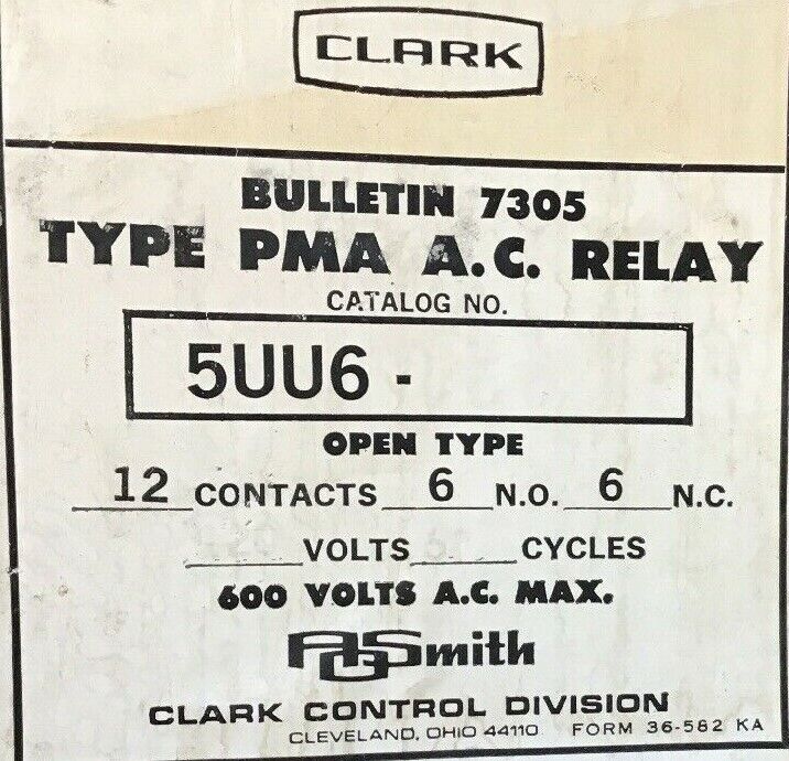 JOSLYN CLARK 5UU6-76 PMA  A.C.RELAY 12 CONT. 6N.O./6N.C. 10AMP 600VAC
