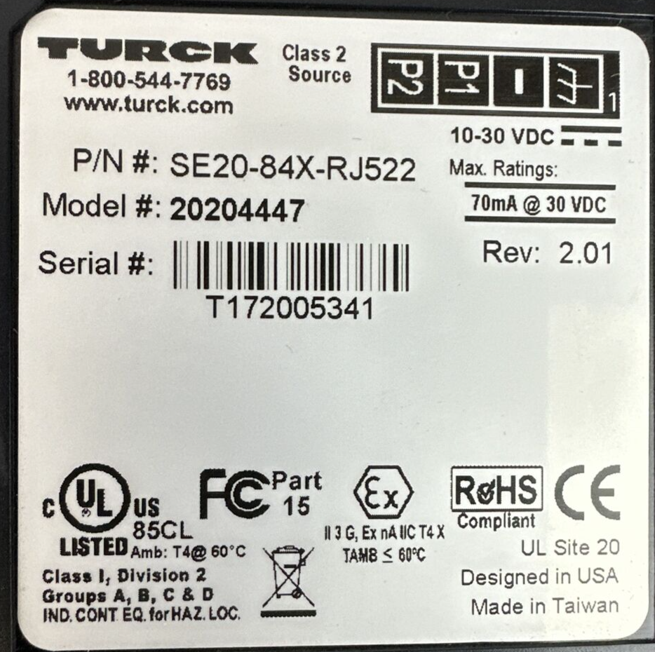 TURCK SE20-84X-RJ522 REV 2.01 10-30VDC 5-PORT INDUSTRIAL ETHERNET SWITCH
