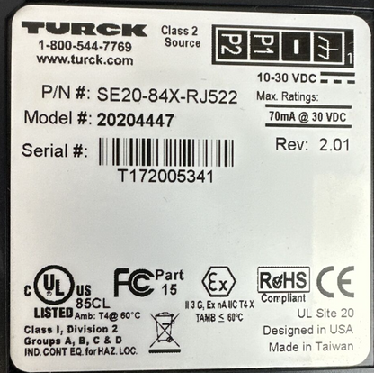 TURCK SE20-84X-RJ522 REV 2.01 10-30VDC 5-PORT INDUSTRIAL ETHERNET SWITCH