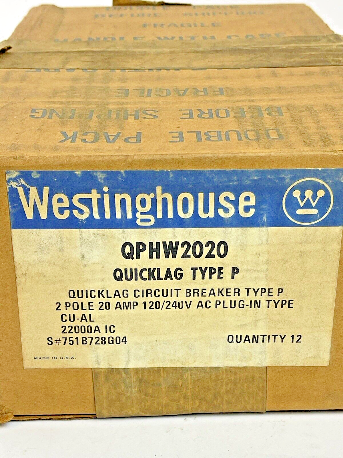 WESTINGHOUSE **BOX OF 12** - QPHW2020 - 20A/2 POLE/240 VAC/QUICKLAG/TYPE P - NEW