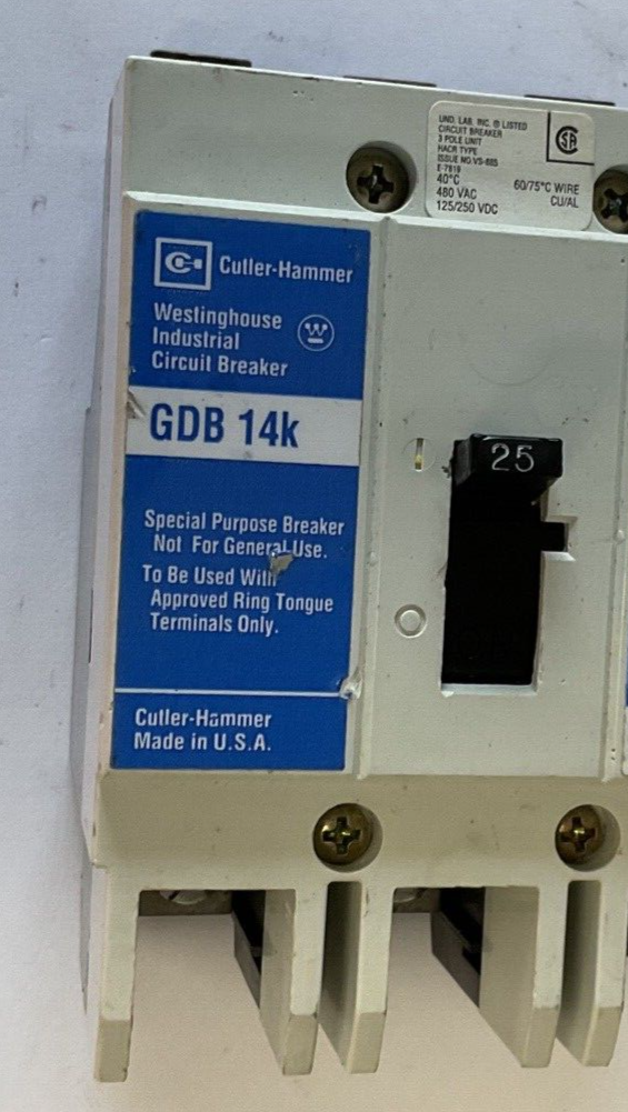 WESTINGHOUSE GDB 14K CIRCUIT BREAKER 25A 480VAC 3POLE 50/60HZ GDB3025