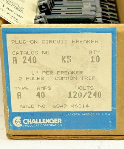 CHALLENGER/ SYLVANIA *BOX OF 10* - A 240 KS- CIRCUIT BREAKERS -40A/240VAC/2 POLE